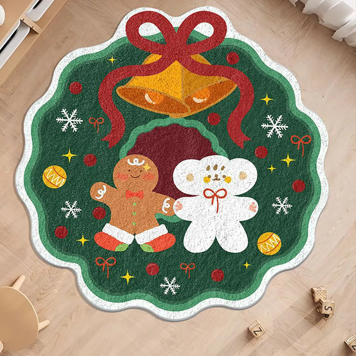 A round alien-shaped Christmas floor mat in imitation cashmere, shown in a festive colour pattern.