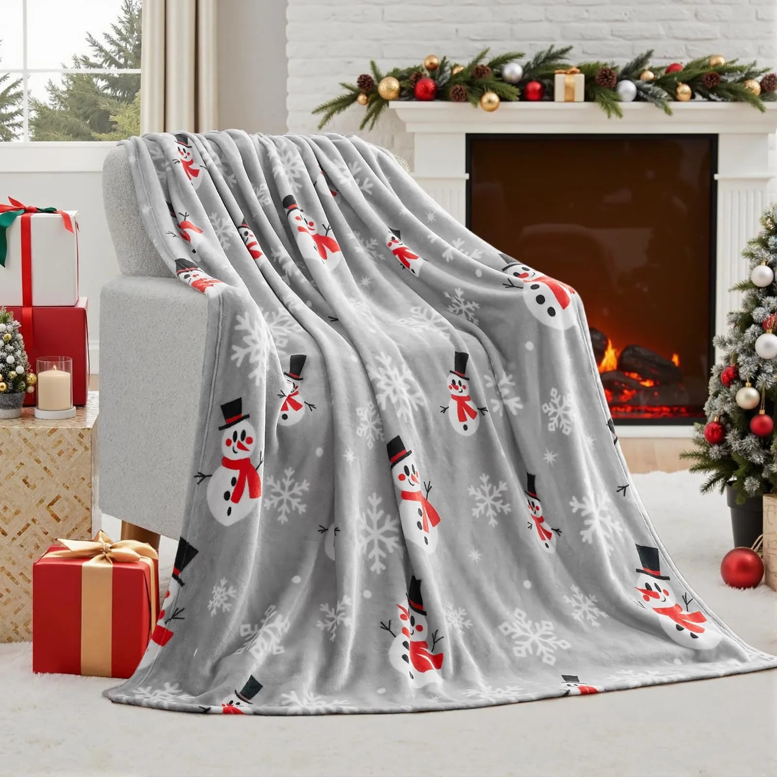 Soft plush red Christmas blanket draped over a sofa.