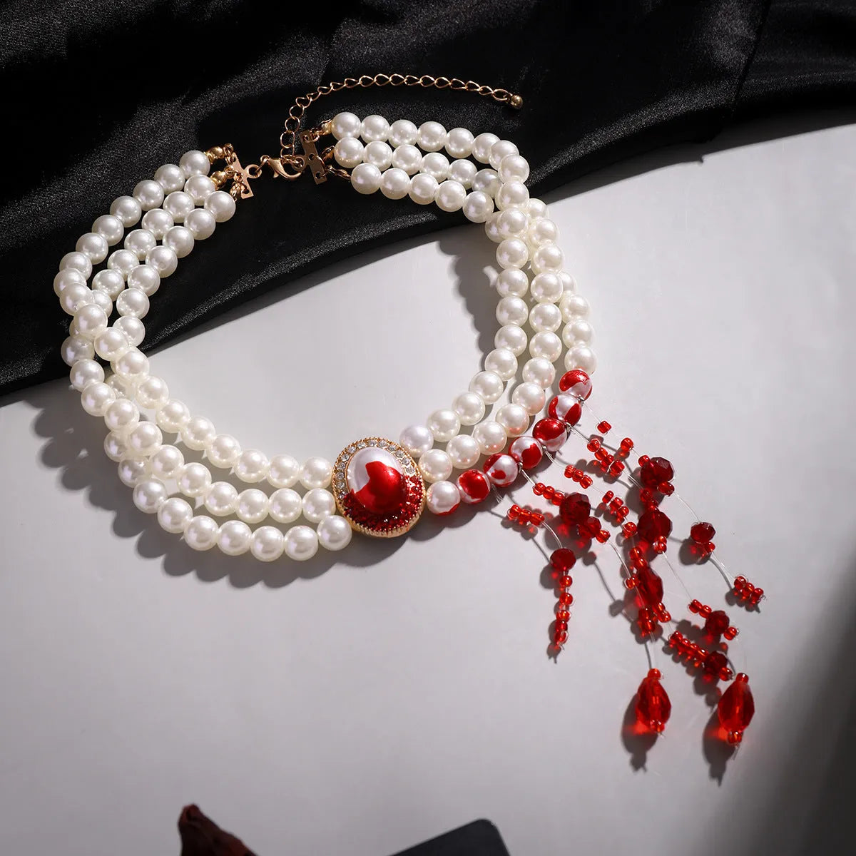 Halloween pearl collar jewellery set with gold electroplated necklace, bracelet and earrings in retro gothic style