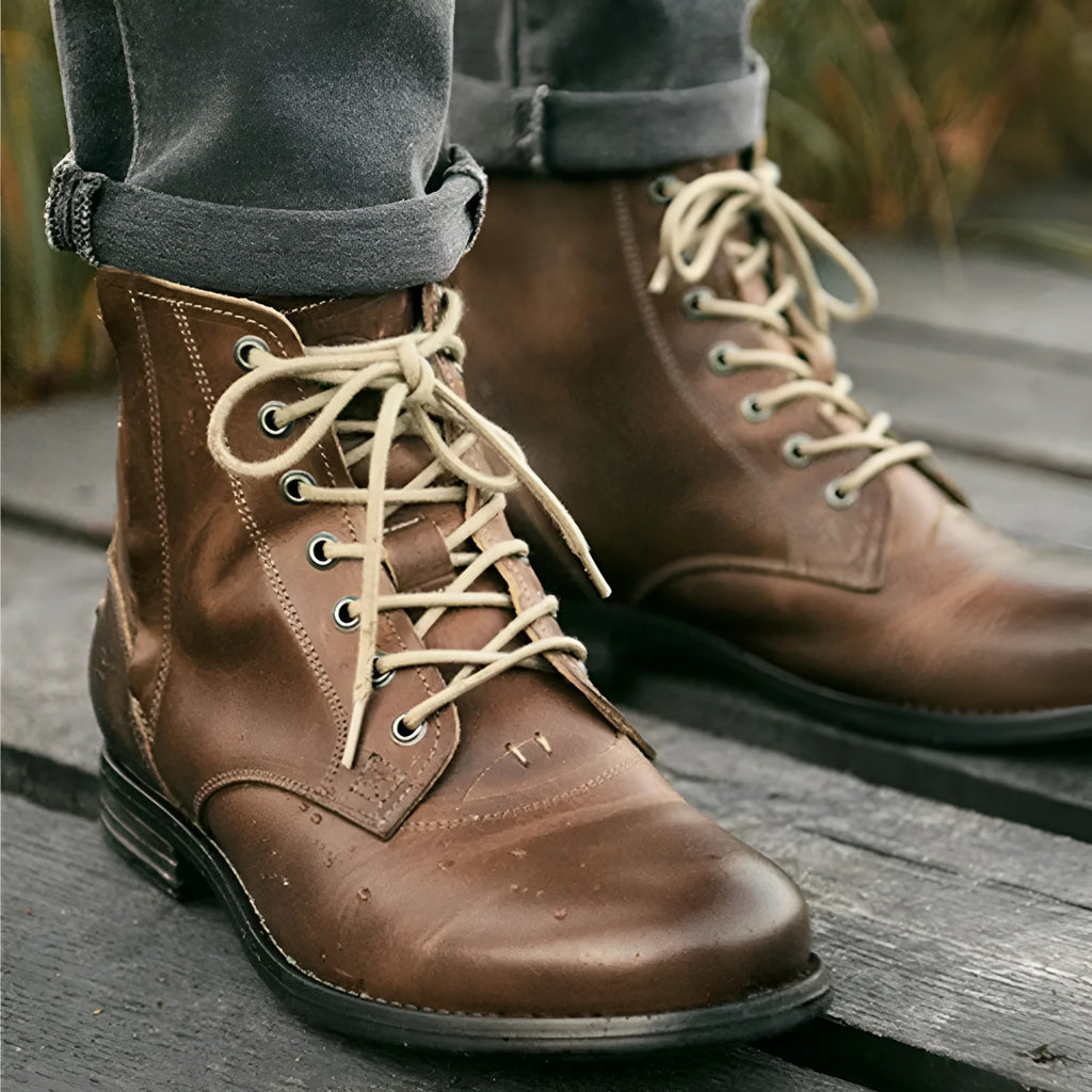 Men's brown and black two-tone leather boots with a side zipper from the Knight Series.