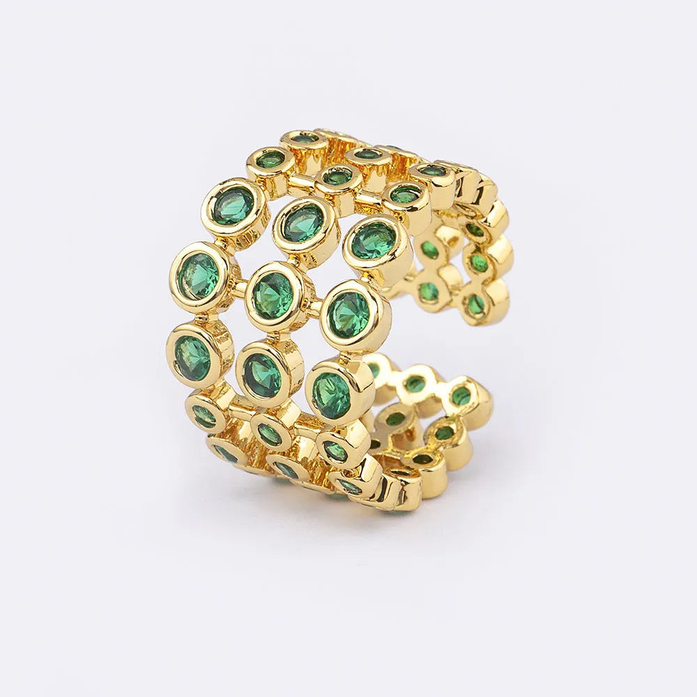 Gold plated copper three-layer ring with green colour and zircon detailing