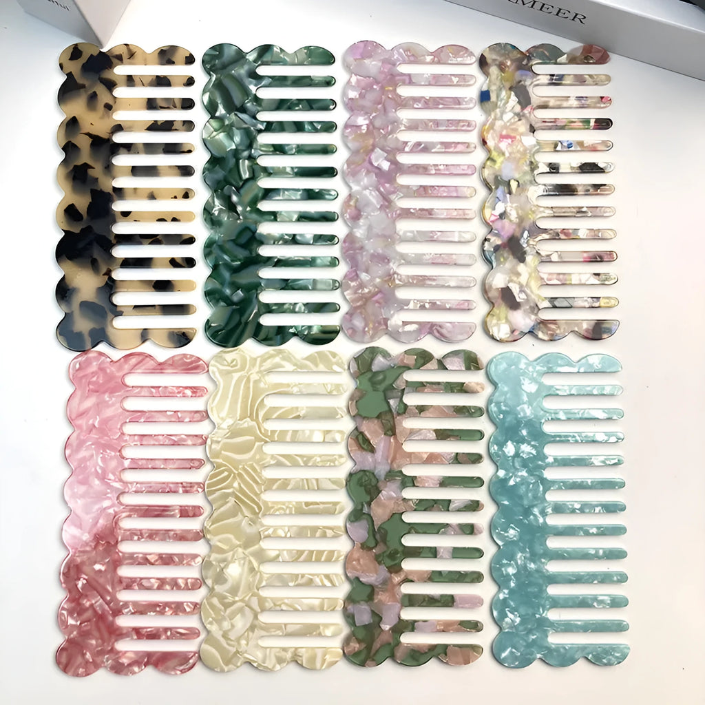 Geometric acetate hair comb with wave design in multiple colour options for women's hairdressing