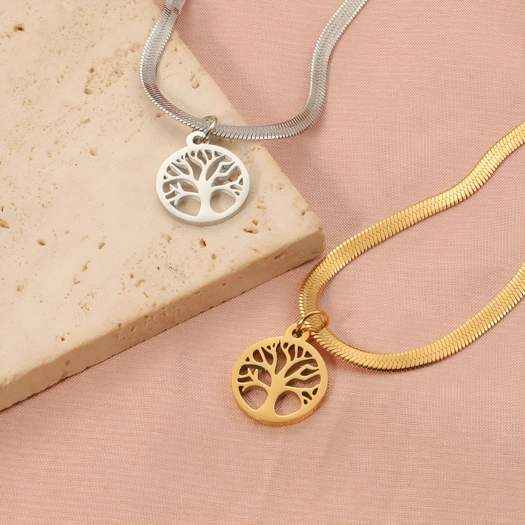 Stainless steel lucky tree pendant necklace on snake bones chain, adjustable 51-60cm length
