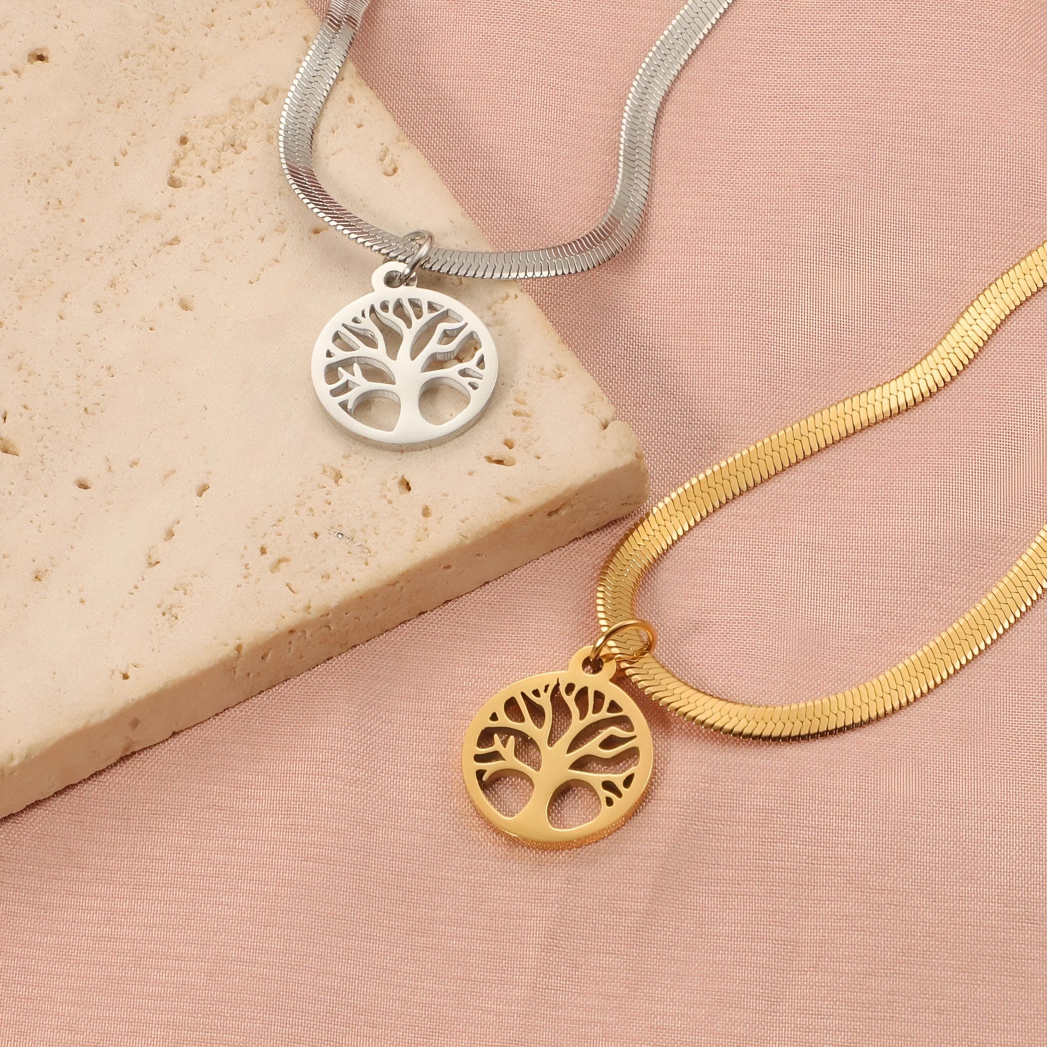 Stainless steel lucky tree pendant necklace on snake bones chain, adjustable 51-60cm length
