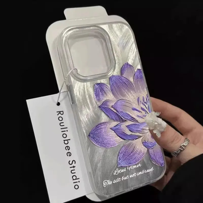 Blue Lotus Light Luxury hard plastic case for Apple iPhone on a table