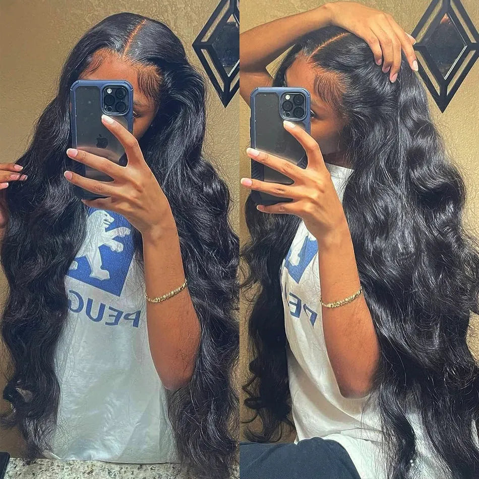 Black synthetic long curly wig with front lace cap and side bangs on a display head.