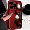 Wine red iPhone case with white rose print and frosted TPU soft shell
