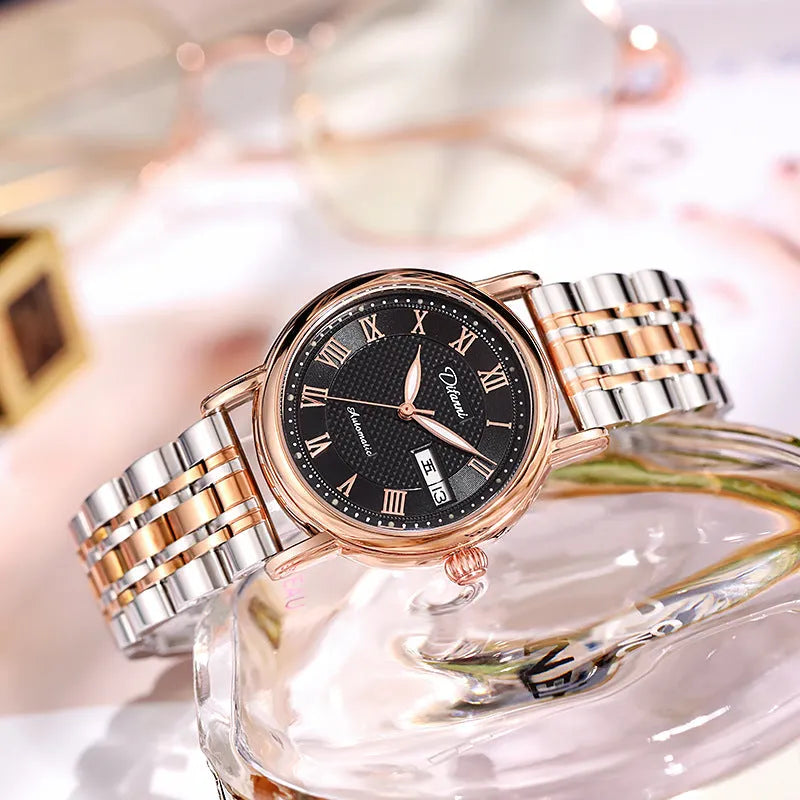 Women's automatic mechanical watch with steel case and choice of steel bracelet or coloured leather strap.