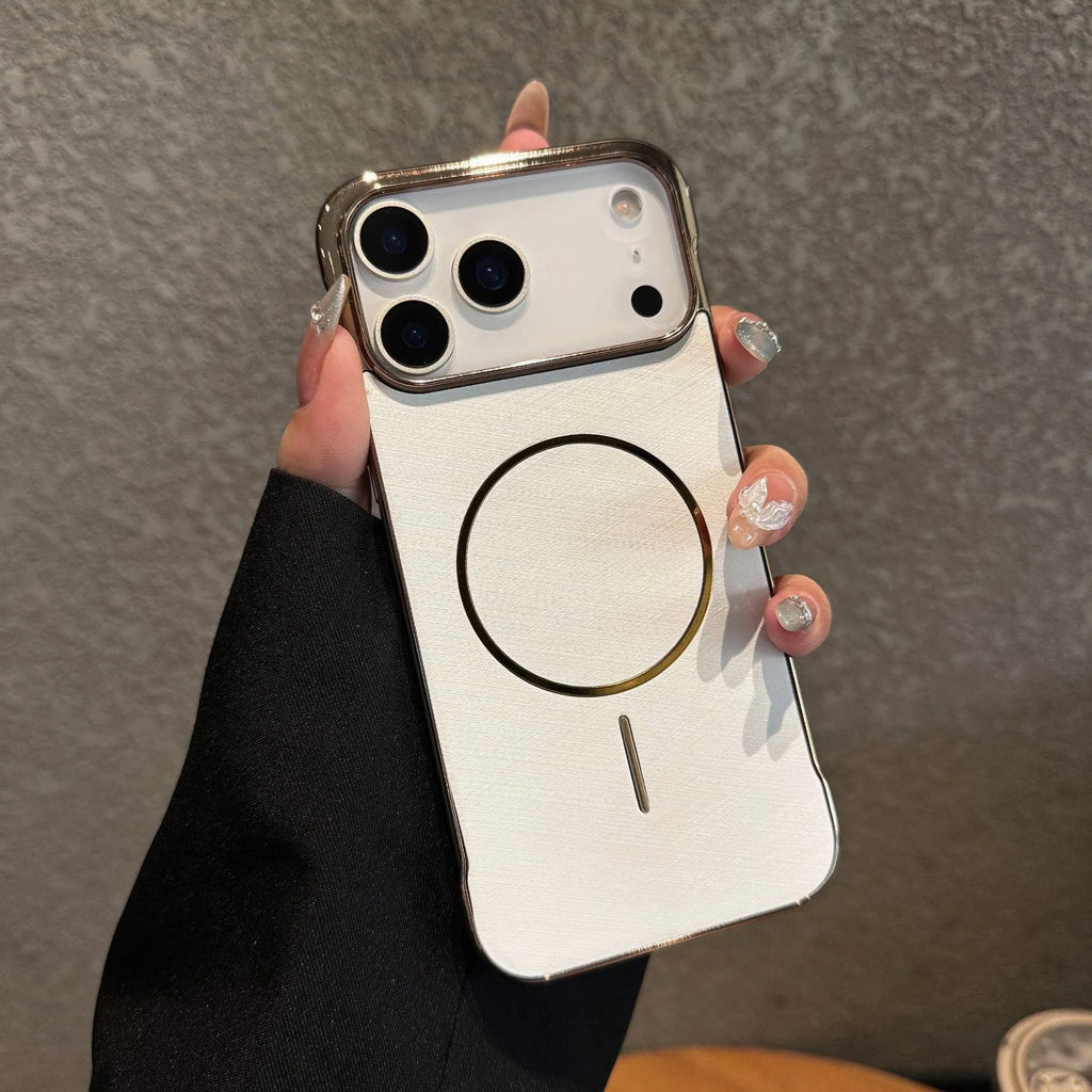 Metallic magnetic half-pack phone case for iPhone 17 in silver grey colour.