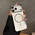Metallic magnetic half-pack phone case for iPhone 17 in silver grey colour.