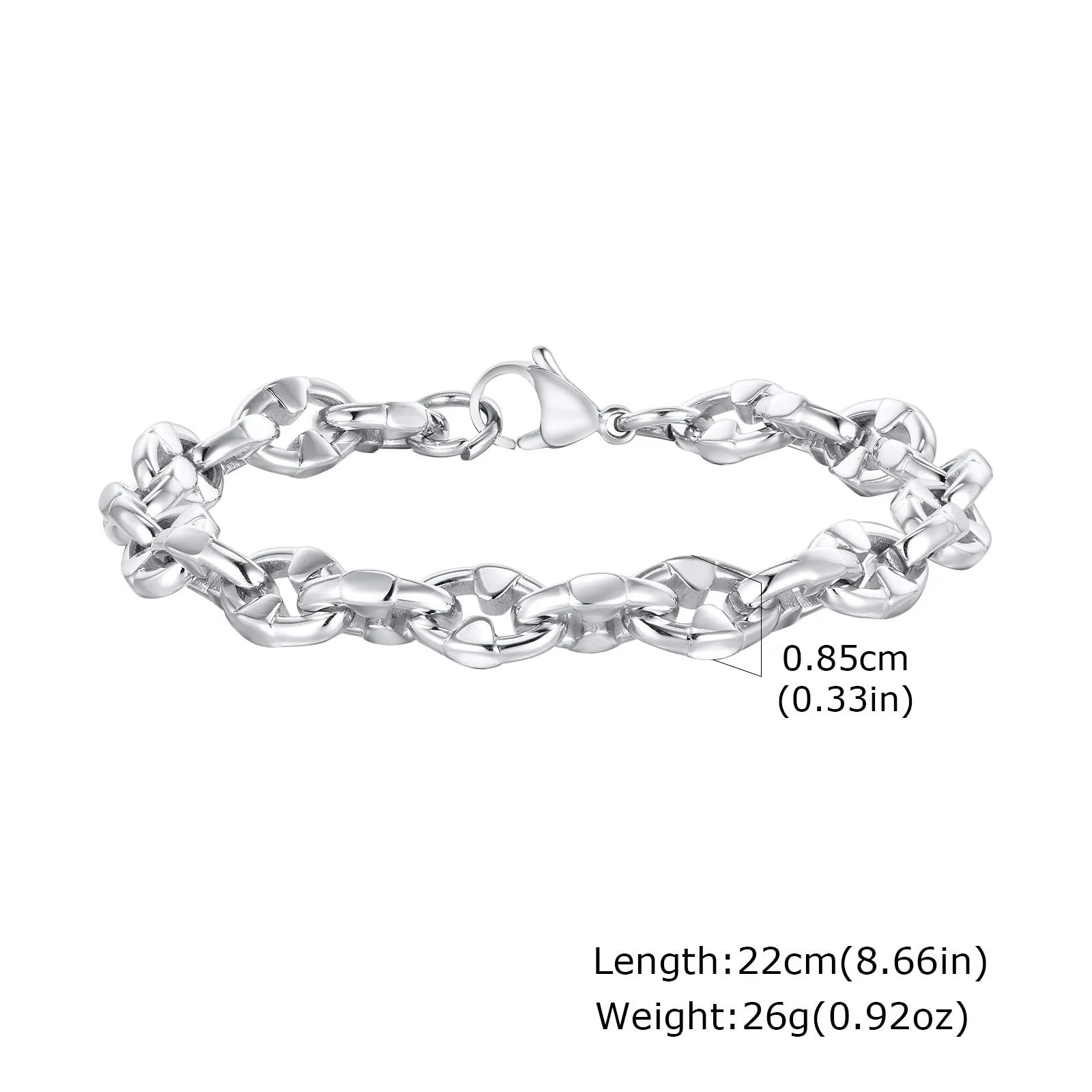 Thick stainless steel handmade chain bracelet with a geometric shape in a steel colour.