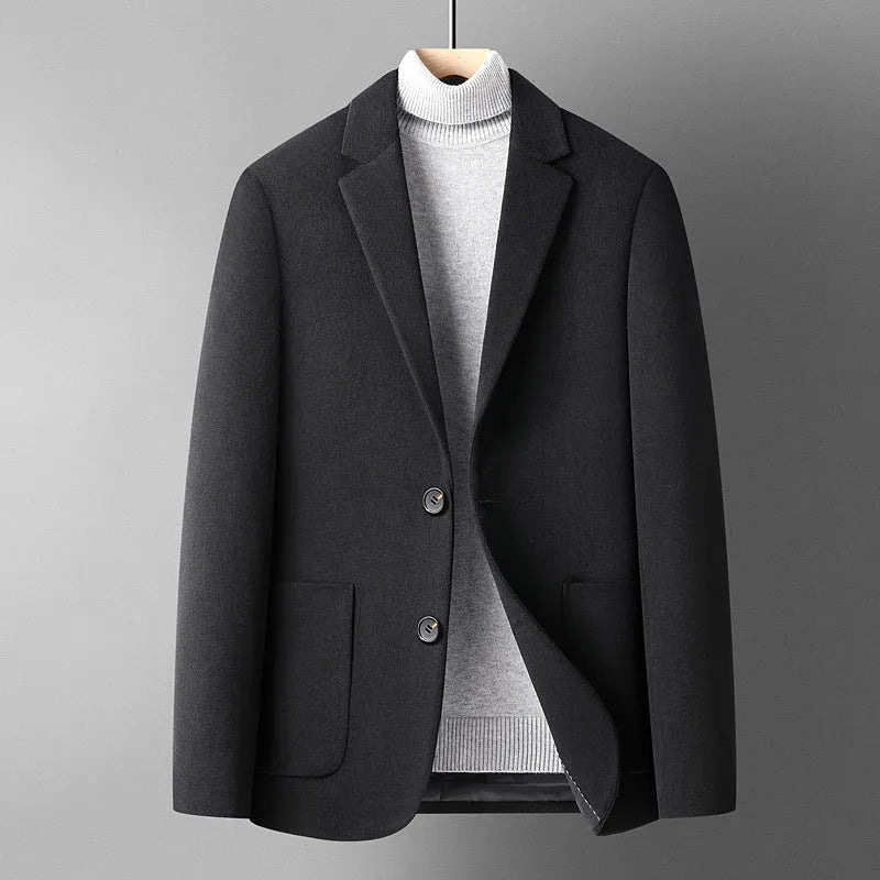 Men's grey slim-fit wool suit with a non-ironing finish for winter leisure wear.