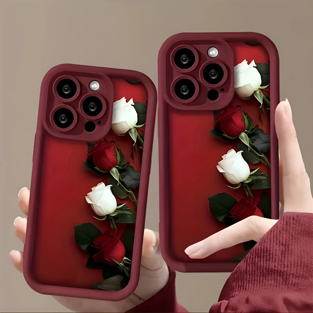 Wine red iPhone case with white rose print and frosted TPU soft shell