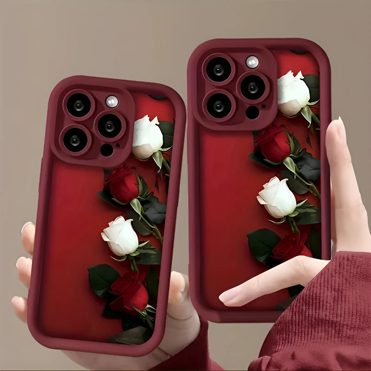 Wine red iPhone case with white rose print and frosted TPU soft shell