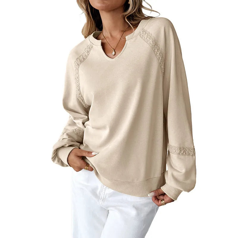 Women's loose fit long sleeve sweater with half-open lace collar in solid colour option