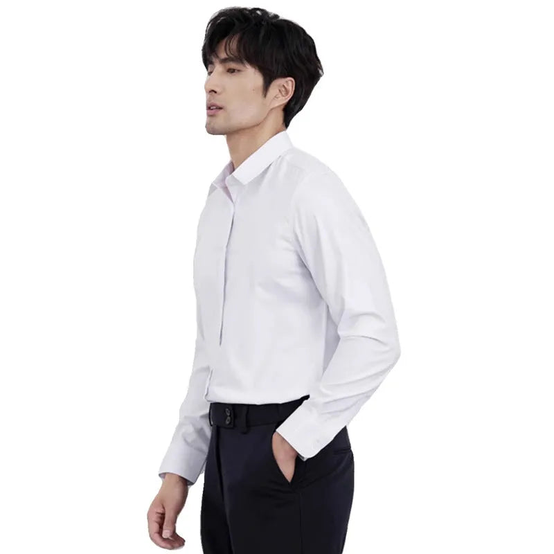 Men's wine red slim fit long sleeve shirt with non-iron fabric on a hanger