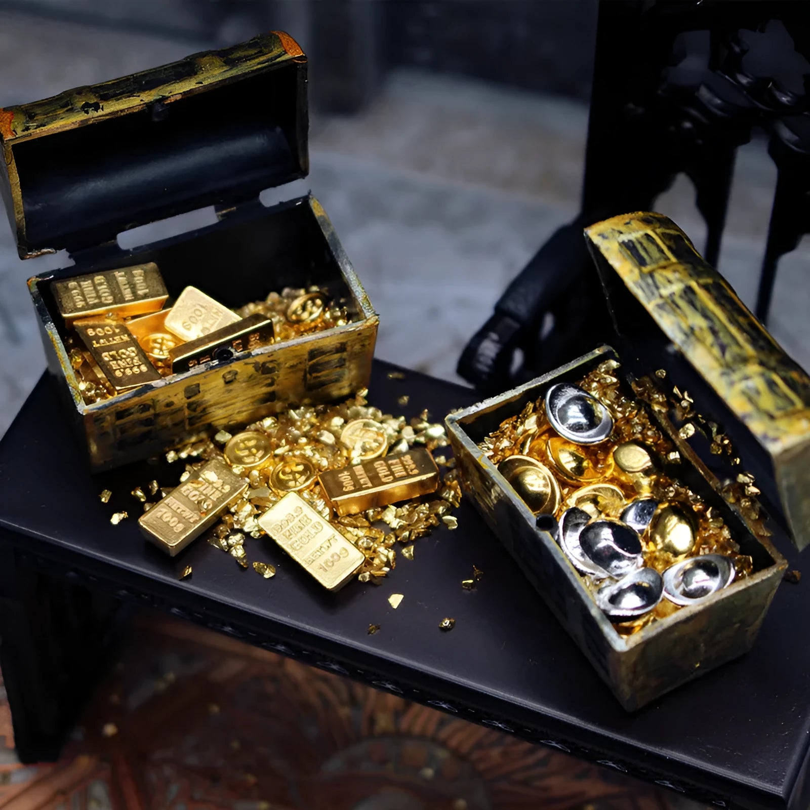 Alloy gold coin and gold bar miniature ornaments for doll house and model accessories.