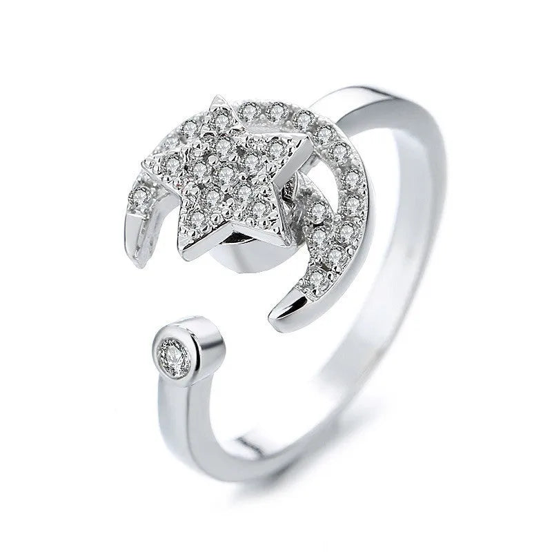 Gold adjustable anti-anxiety ring with rotating moon and micro-inlaid zircon star geometric design