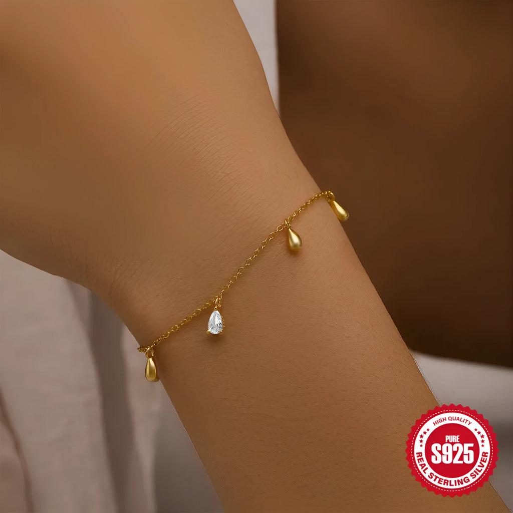 Gold colour 925 sterling silver bracelet with water drop diamond pendant for women