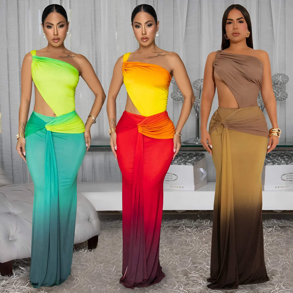 Women's gradient colour cross-shoulder sleeveless dress with a high waist and long skirt.