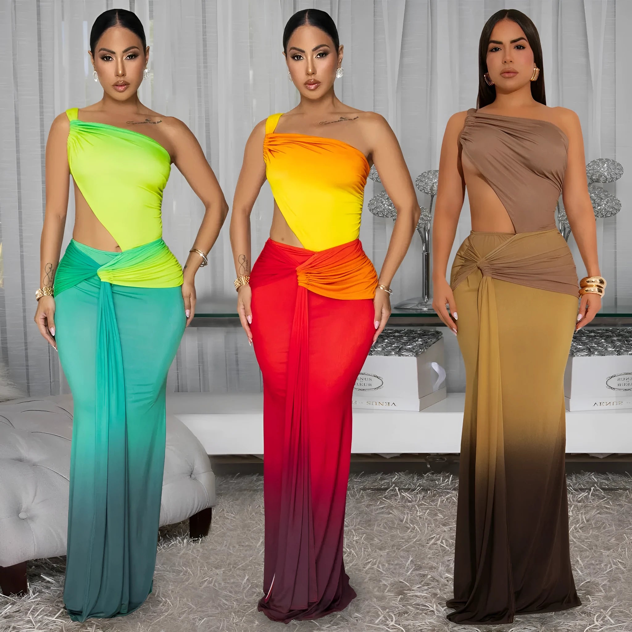 Women's gradient colour cross-shoulder sleeveless dress with a high waist and long skirt.