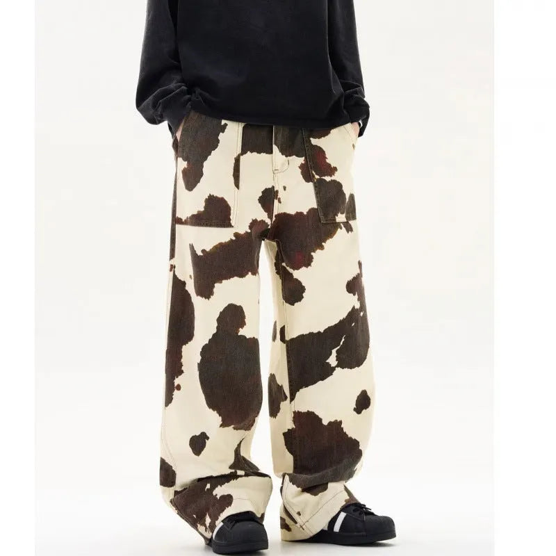 Men's American retro cow pattern straight-leg trousers in 7698 colour with button cardigan opening