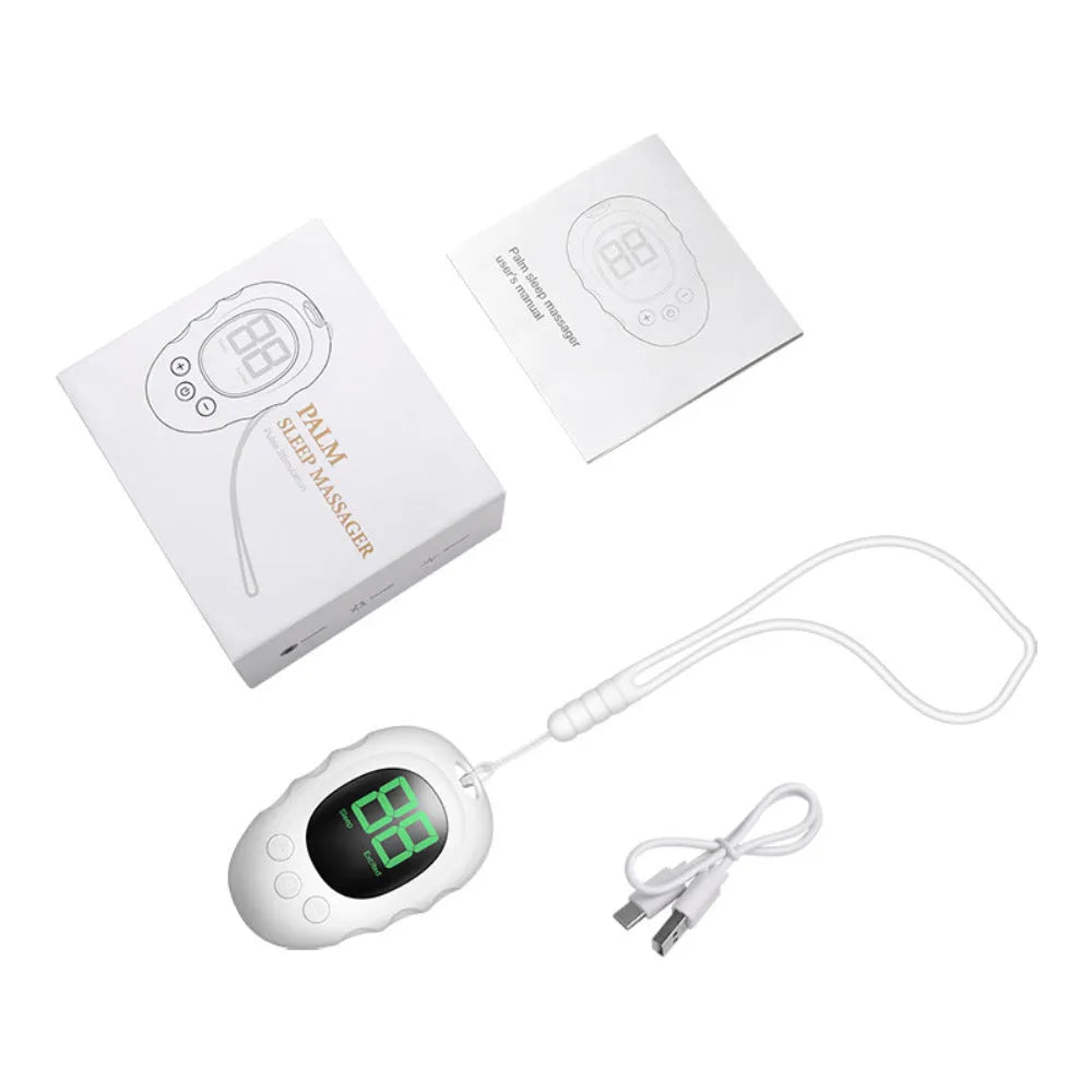 Handheld silicone sleep aid grip device with remote control in black, green, or white colour.