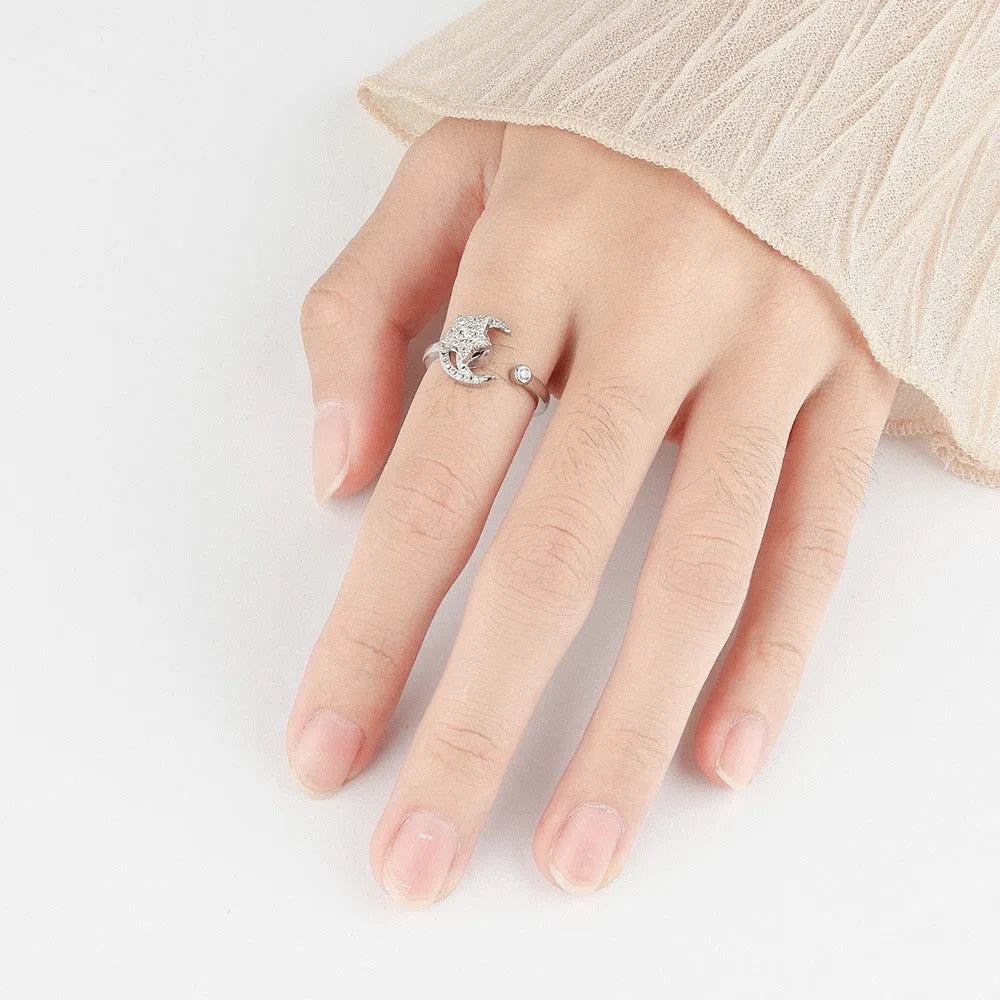 Gold adjustable anti-anxiety ring with rotating moon and micro-inlaid zircon star geometric design