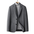 Men's grey slim-fit wool suit with a non-ironing finish for winter leisure wear.