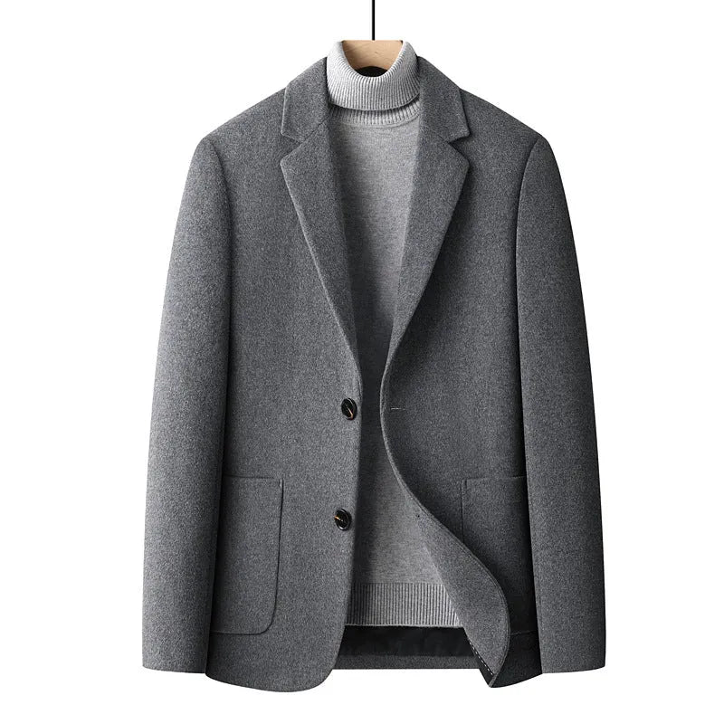Men's grey slim-fit wool suit with a non-ironing finish for winter leisure wear.