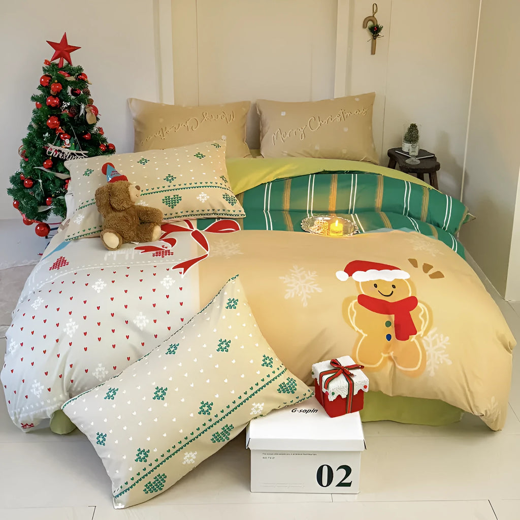 Christmas cartoon printed duvet cover and pillowcase set on a bed, showing Gingerbread Man or Tinker Bell design.