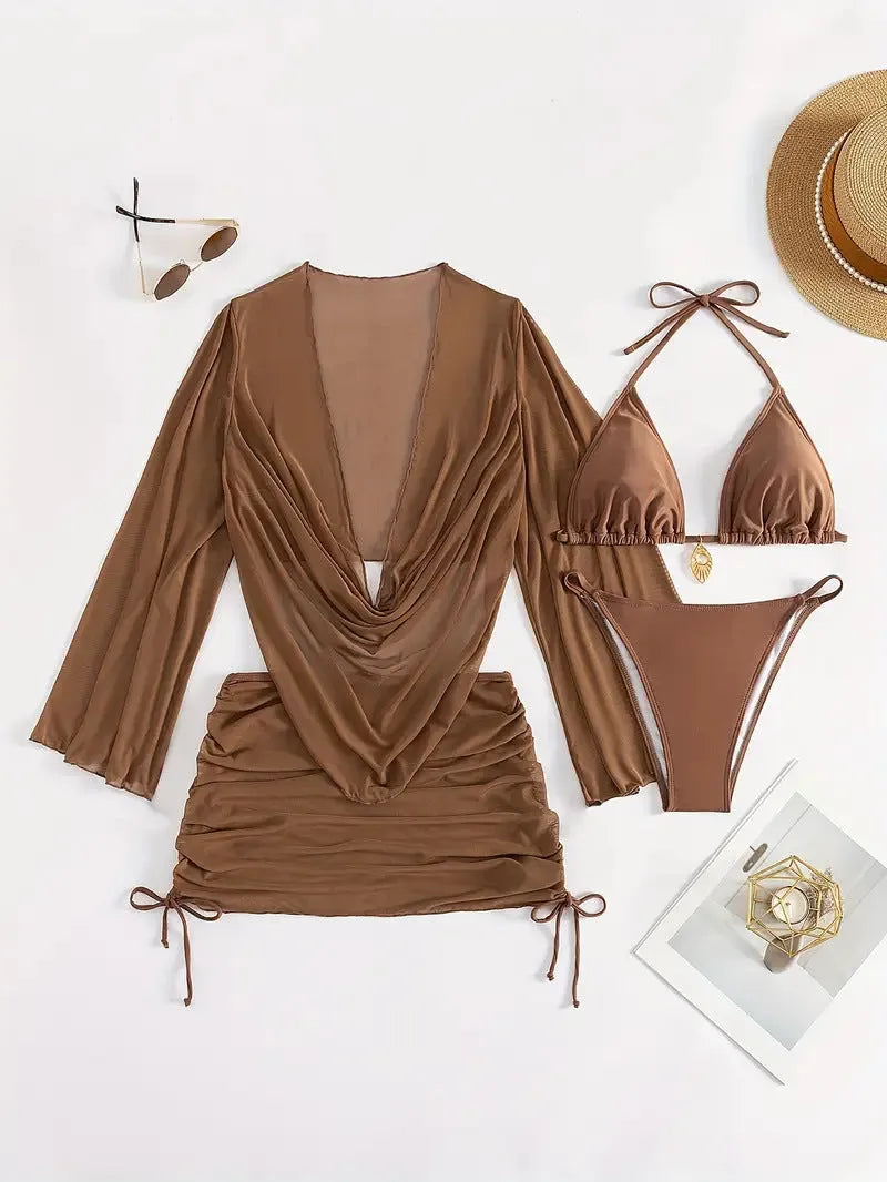 Dark brown women's lace-up bikini swimsuit set with sleeveless blouse and briefs.