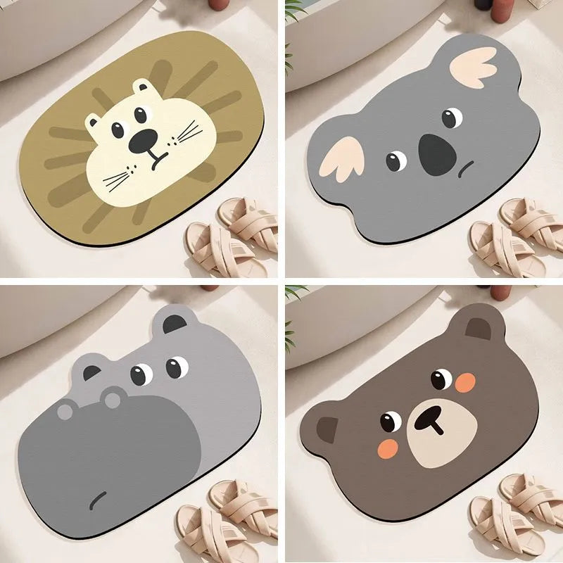 Cartoon animal diatom absorbent bathroom mat in bear pattern on tiled floor.