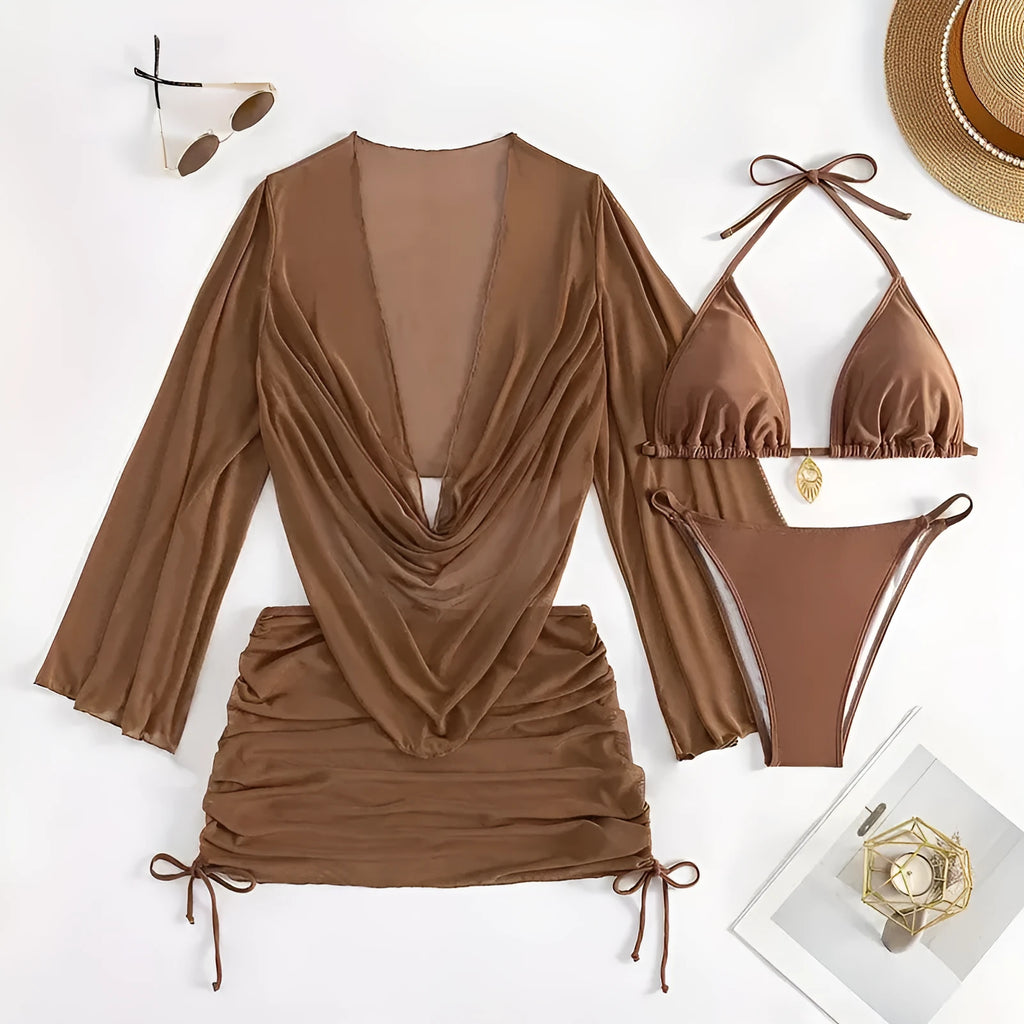 Dark brown women's lace-up bikini swimsuit set with sleeveless blouse and briefs.