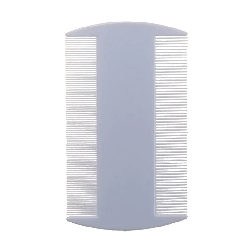 A white double-sided fine-toothed plastic comb for lice and flea detection on a plain background.