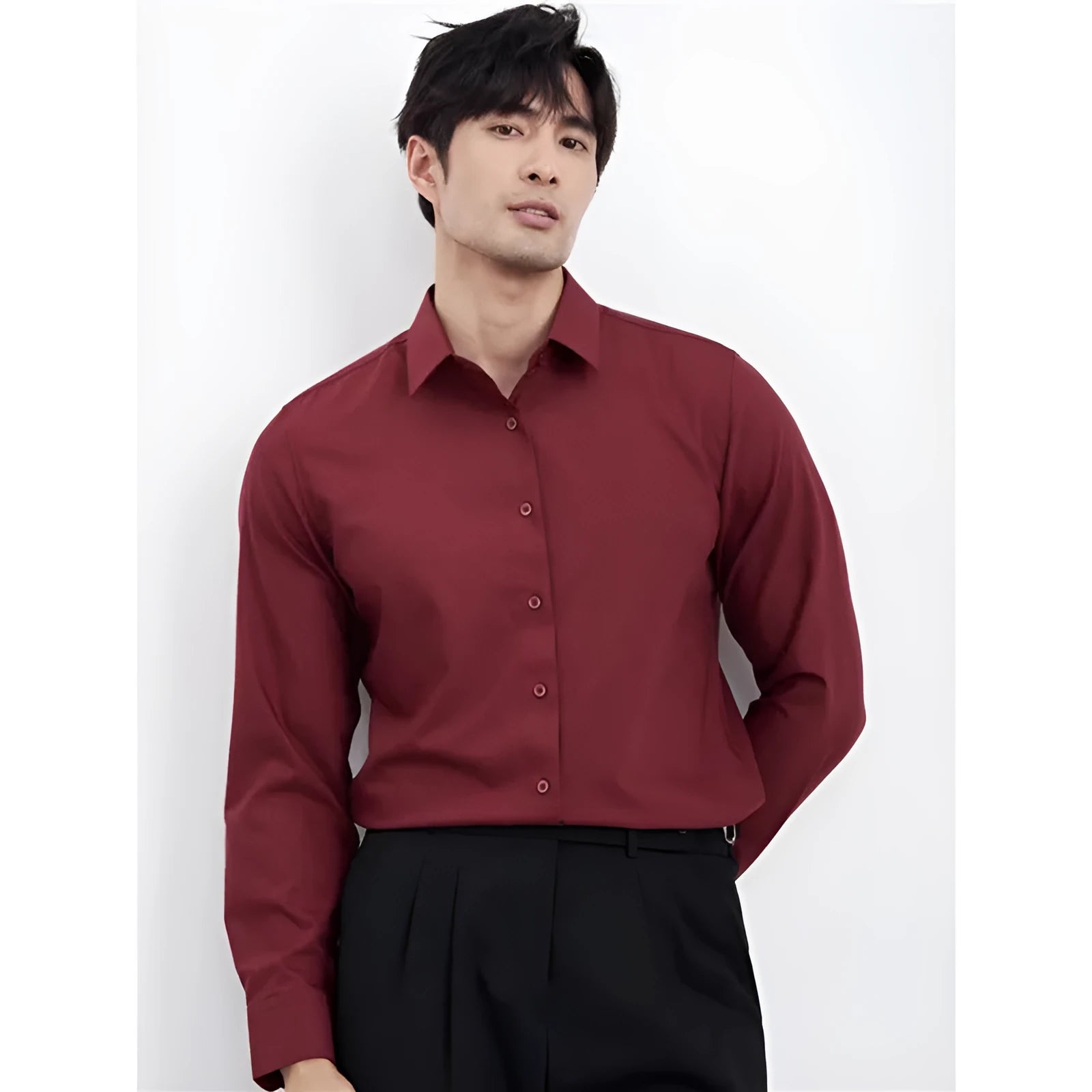 Men's wine red slim fit long sleeve shirt with non-iron fabric on a hanger