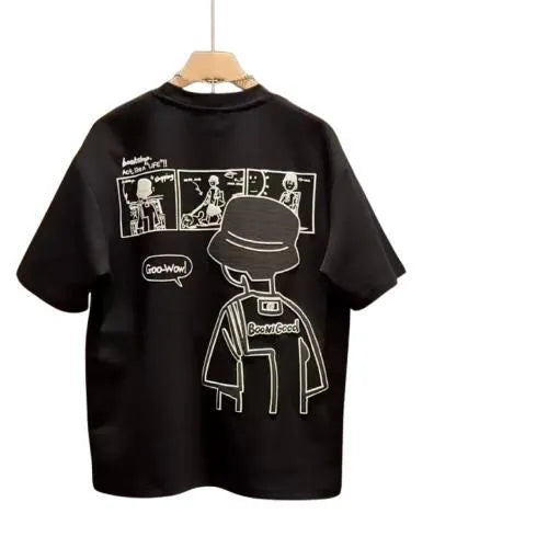 Men's white cotton T-shirt with simple cartoon print showing loose fit and short sleeves