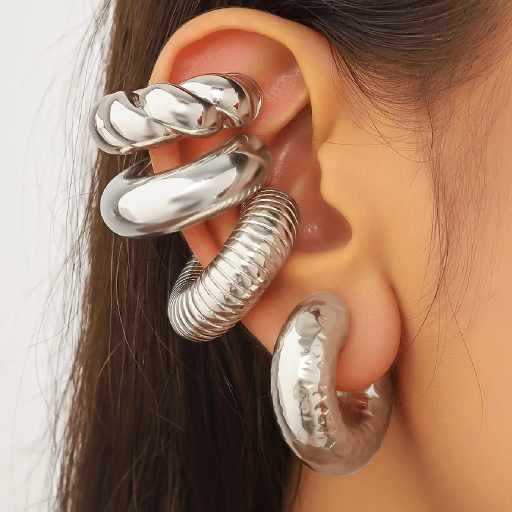 Geometric gold and silver ear clip set for women with non-pierced design
