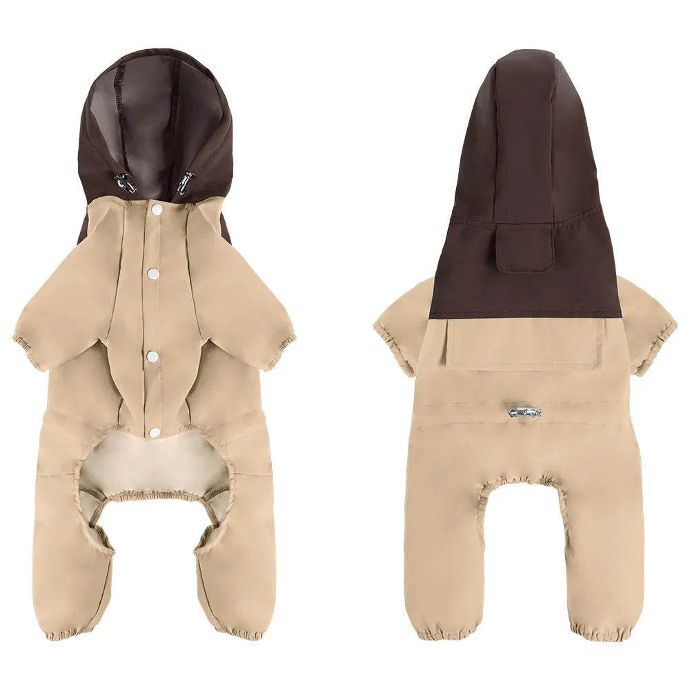 Khaki coloured waterproof polyester shell jacket on a small to medium sized dog.