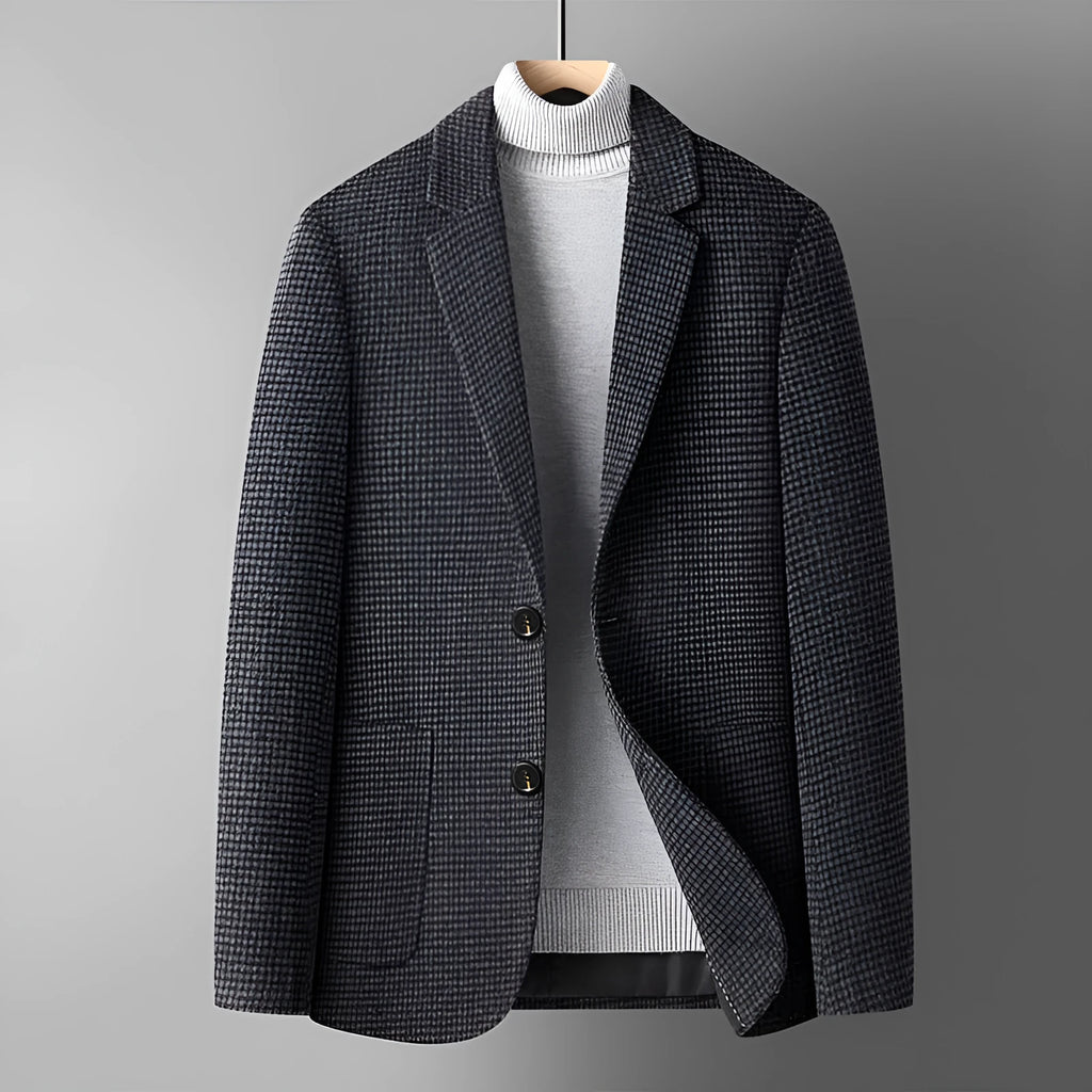 Men's grey slim-fit wool suit with a non-ironing finish for winter leisure wear.