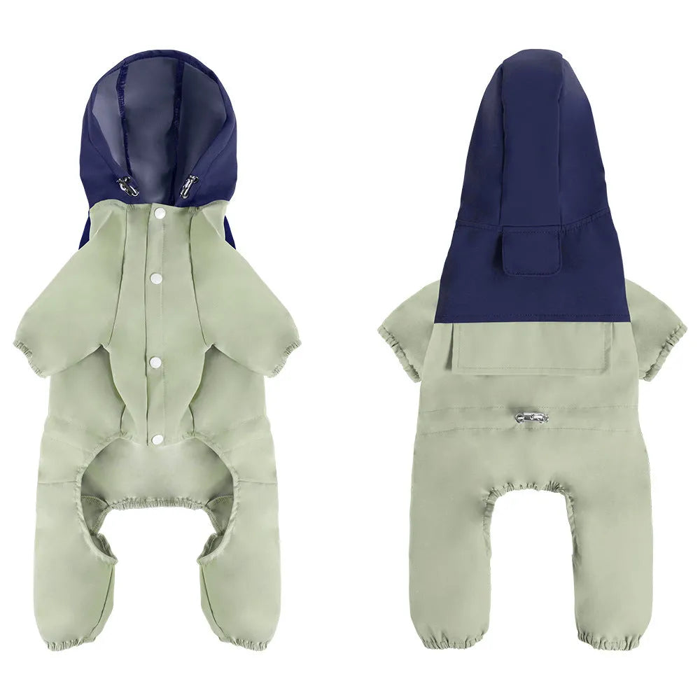 Khaki coloured waterproof polyester shell jacket on a small to medium sized dog.