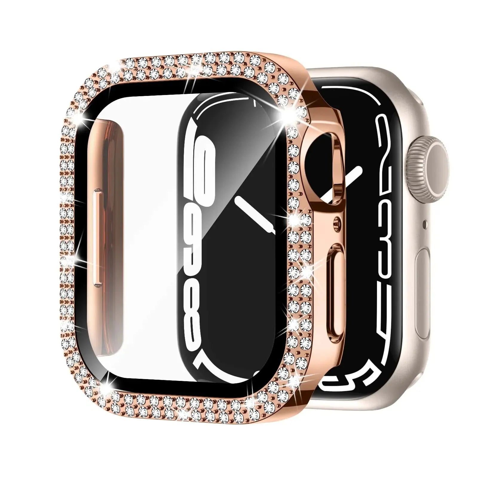 Apple Watch case with peep-proof double diamond glass in rose pink, gold, silver, black, Starlight, and rose gold colour options.