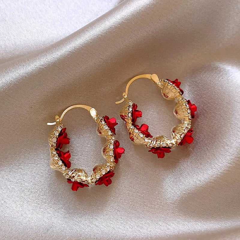 Red rose pattern alloy clip earrings with floral design for non-pierced wear
