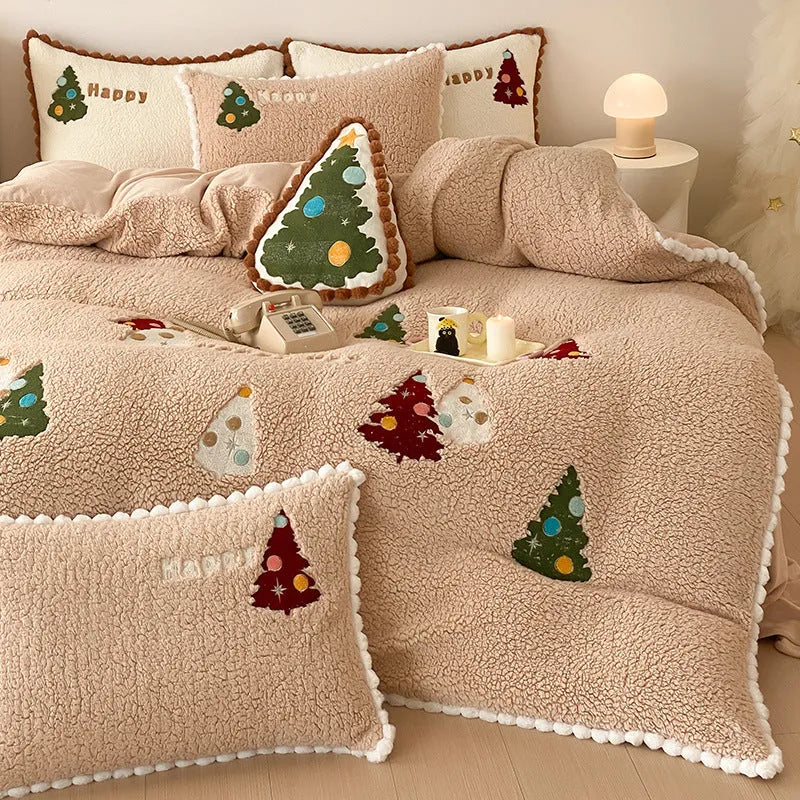 Bright yellow fleece-lined bedding set with cartoon Christmas tree embroidery on duvet cover and pillowcases.