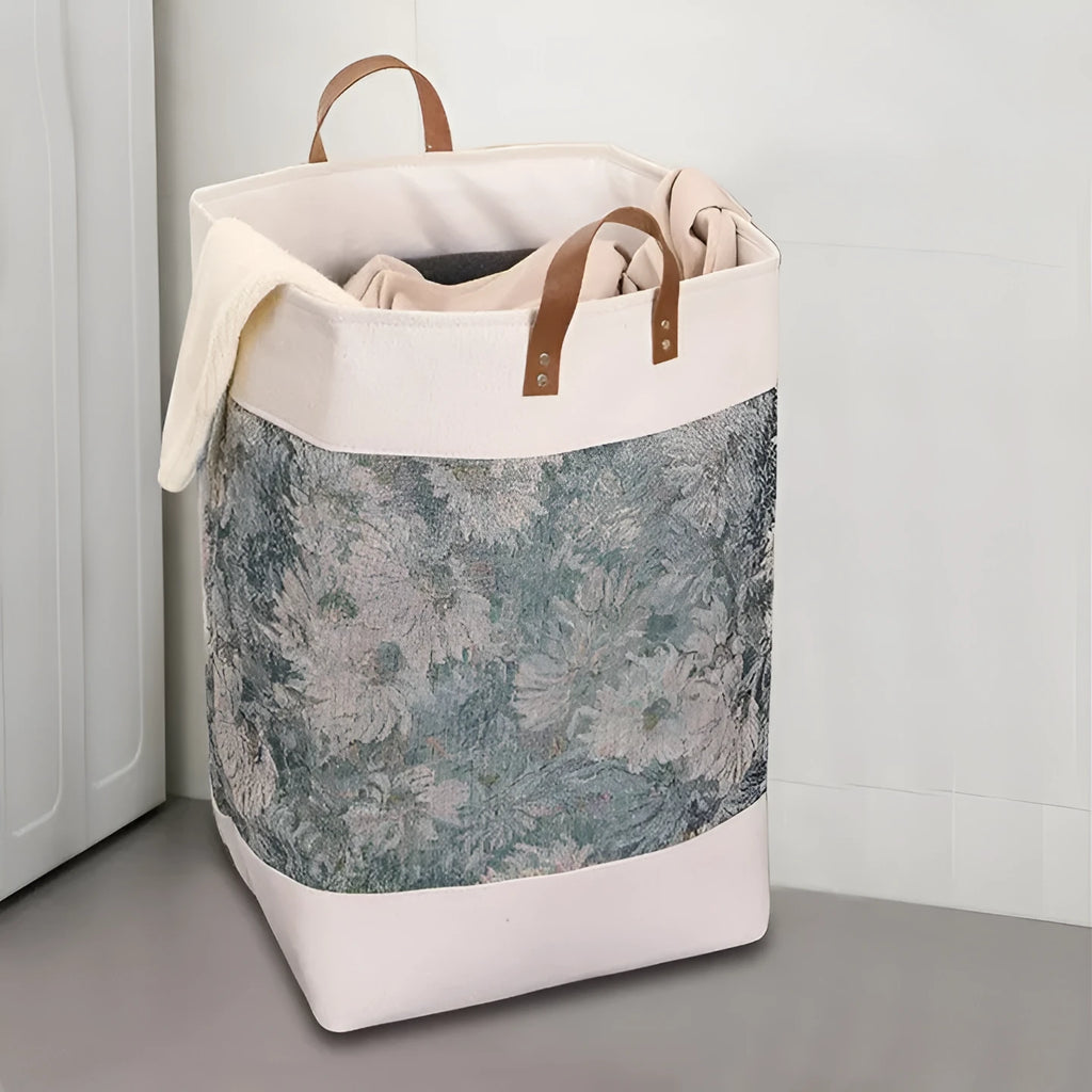 35cm cubed fabric storage bag in a colourful bear print, shown containing a folded quilt.