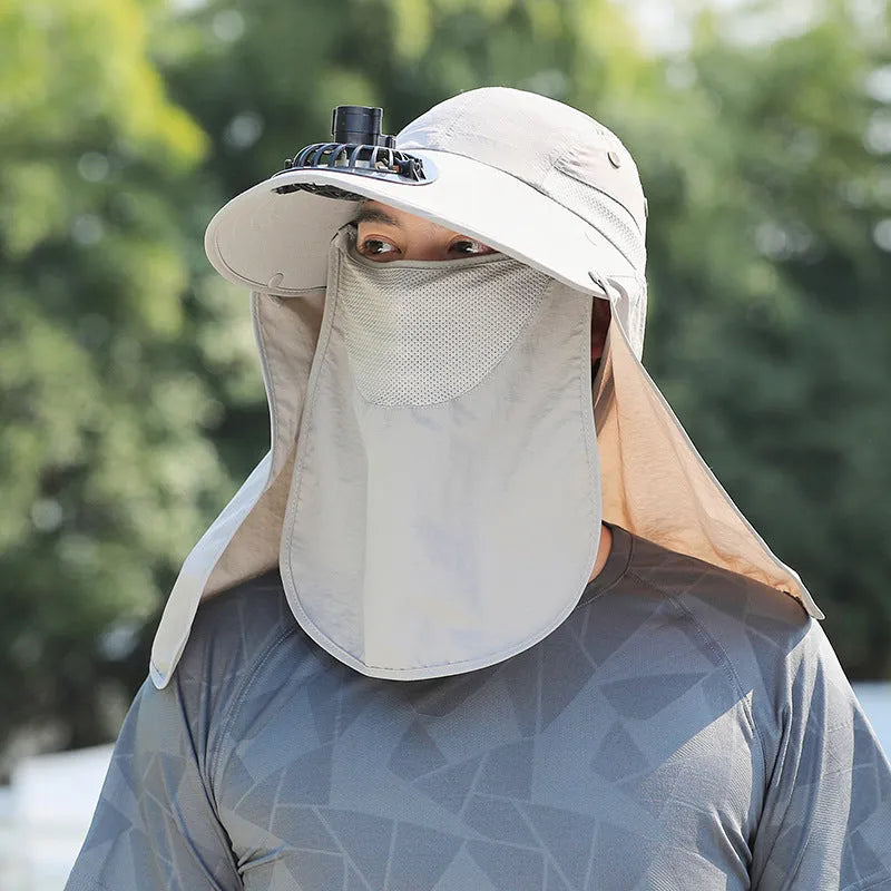 Man's khaki sun hat with wide brim, neck cover, and a visible USB fan module on the front.