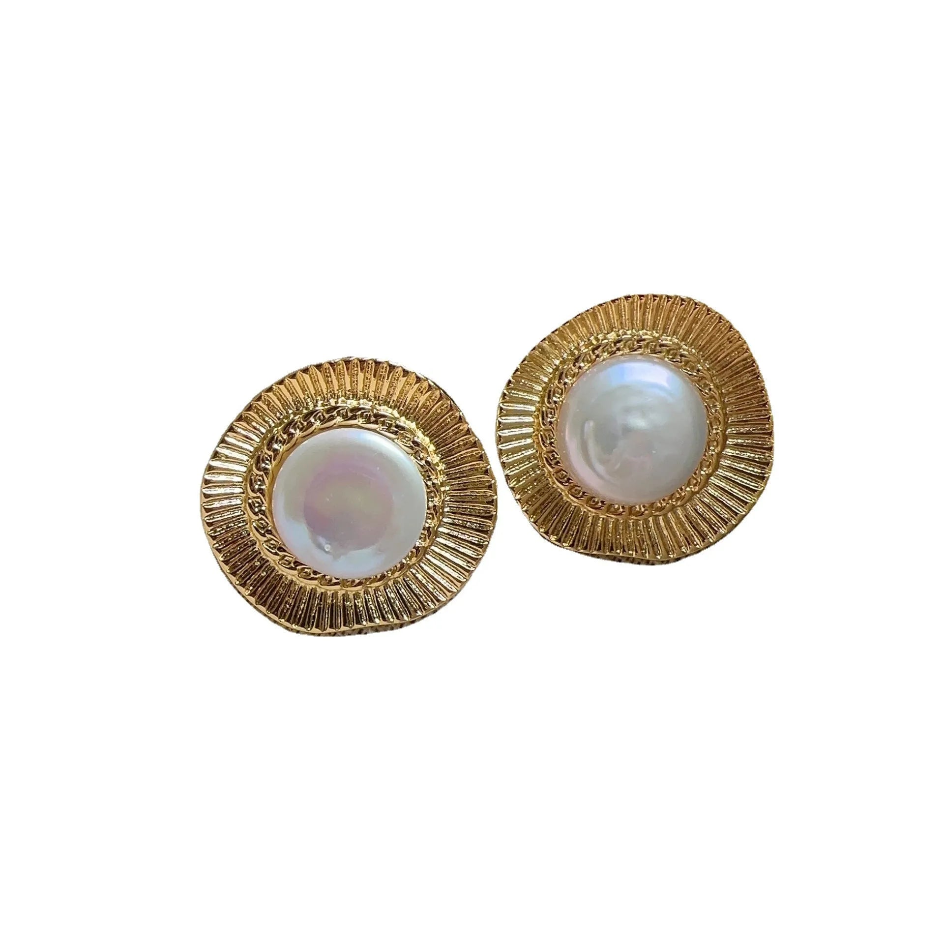 Gold round French retro style metal earrings for women with electroplated finish