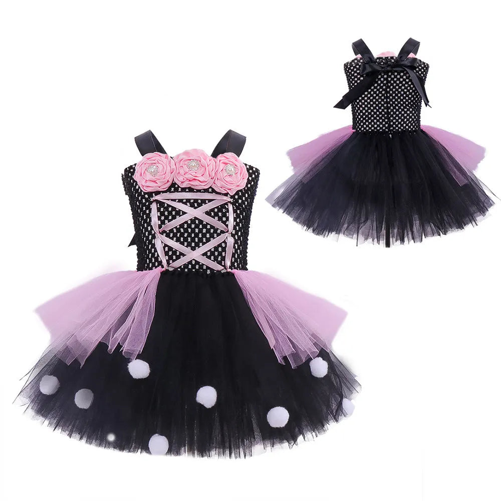 Little Witch flower mesh children's ballet tutu dress set in pink and black with accessories