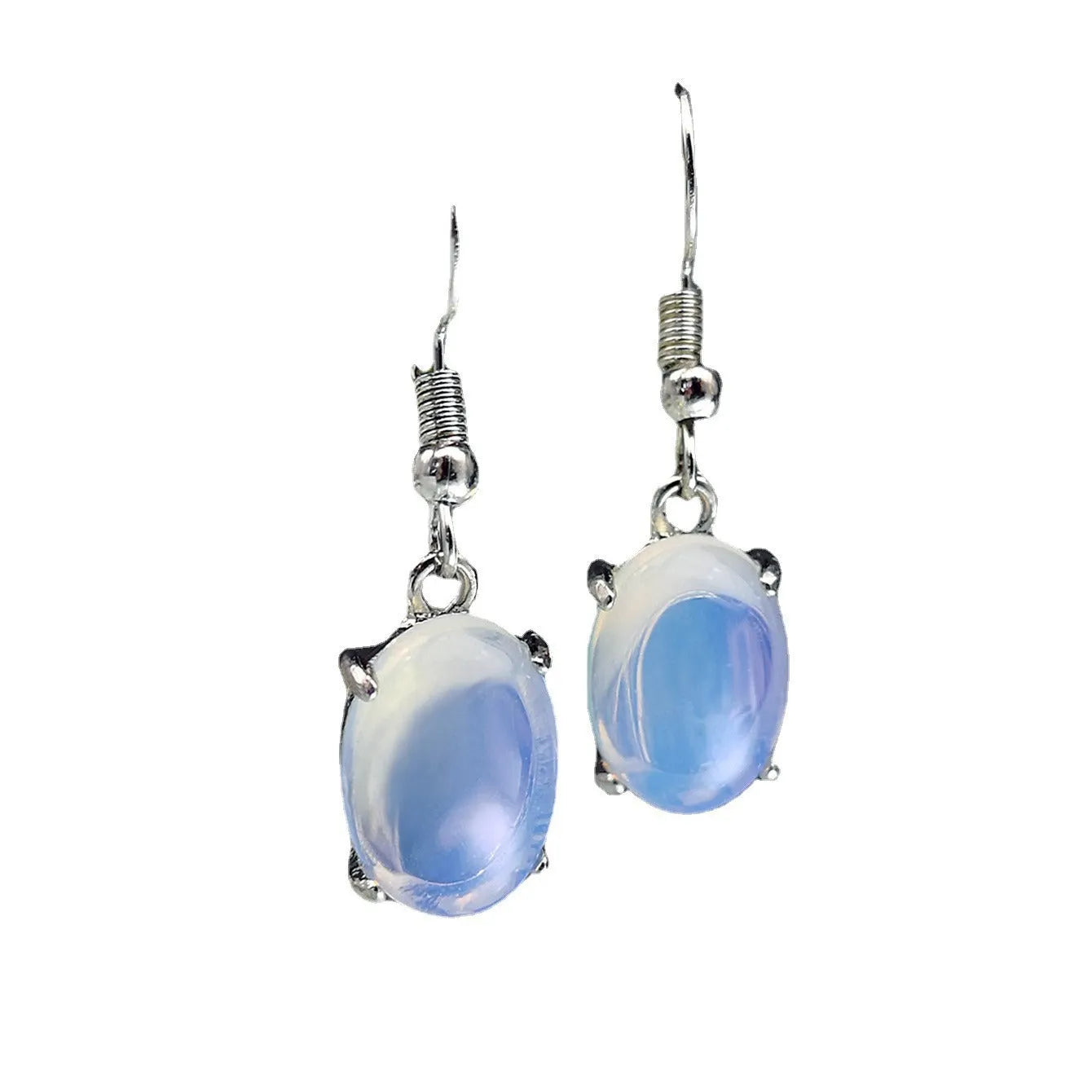 A pair of retro drop-shaped alloy earrings with electroplated moonstone opal colour and ellipse design elements.