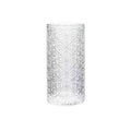 Clear glass water cup with carved Begonia flower pattern, shown in short and tall sizes.